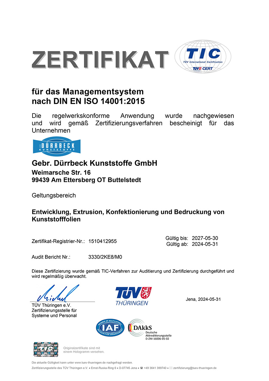 Zertifikat für DIN EN ISO 14001:2015